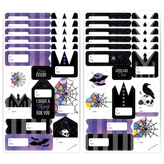 Big Dot of Happiness Goth Girl Assorted Black and Purple Halloween or Gothic Birthday Party Gift Tag Labels, To and From Stickers - 12 Sheets - 120 Stickers