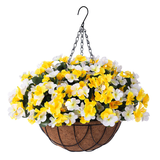 INXUGAO Artificial Hanging Flowers with Basket for Outdoor, Fake Hydrangea UV Resistant Arrangements in Pot Planter Spring Summer Decor for Porch Garden Yard(Yellow White)