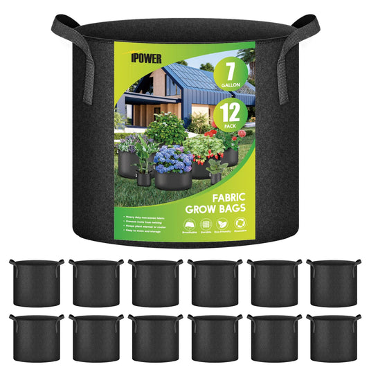 iPower 12-Pack 7 Gallon Grow Bags Heavy Duty Thickened Aeration Nonwoven Fabric Pots with Nylon Handles, for Planting Vegetables, Fruits, Flowers, Black
