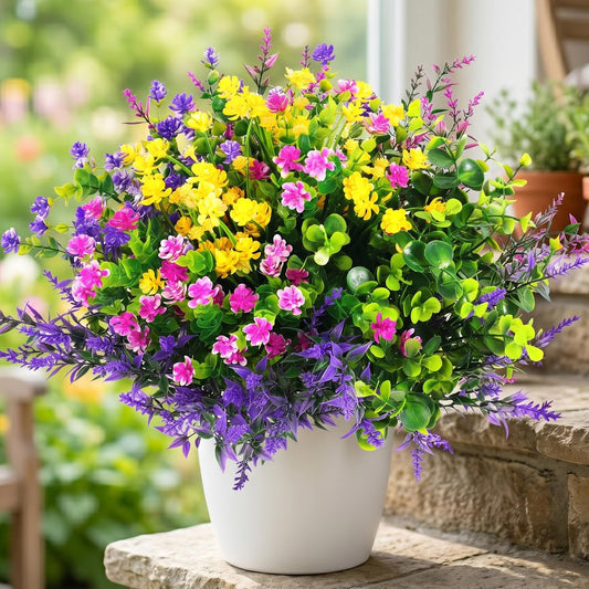 Hananona 12 Pcs Artificial Flowers Outdoor, Faux Artificial Plants UV Resistant Plastic Flower Bulk for Hanging Planter Porch Window Home Wedding Fall Summer Decor (12, Fuchsia, Purple, Yellow, Green)