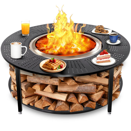 Chintooler 40 Inch Compact Fire Pit Surround Tabletop for Solo Stove Ranger & Tiki 20, Outdoor Patio Stand with Firewood Storage Shelf, Heavy Duty Steel, 200LB Capacity