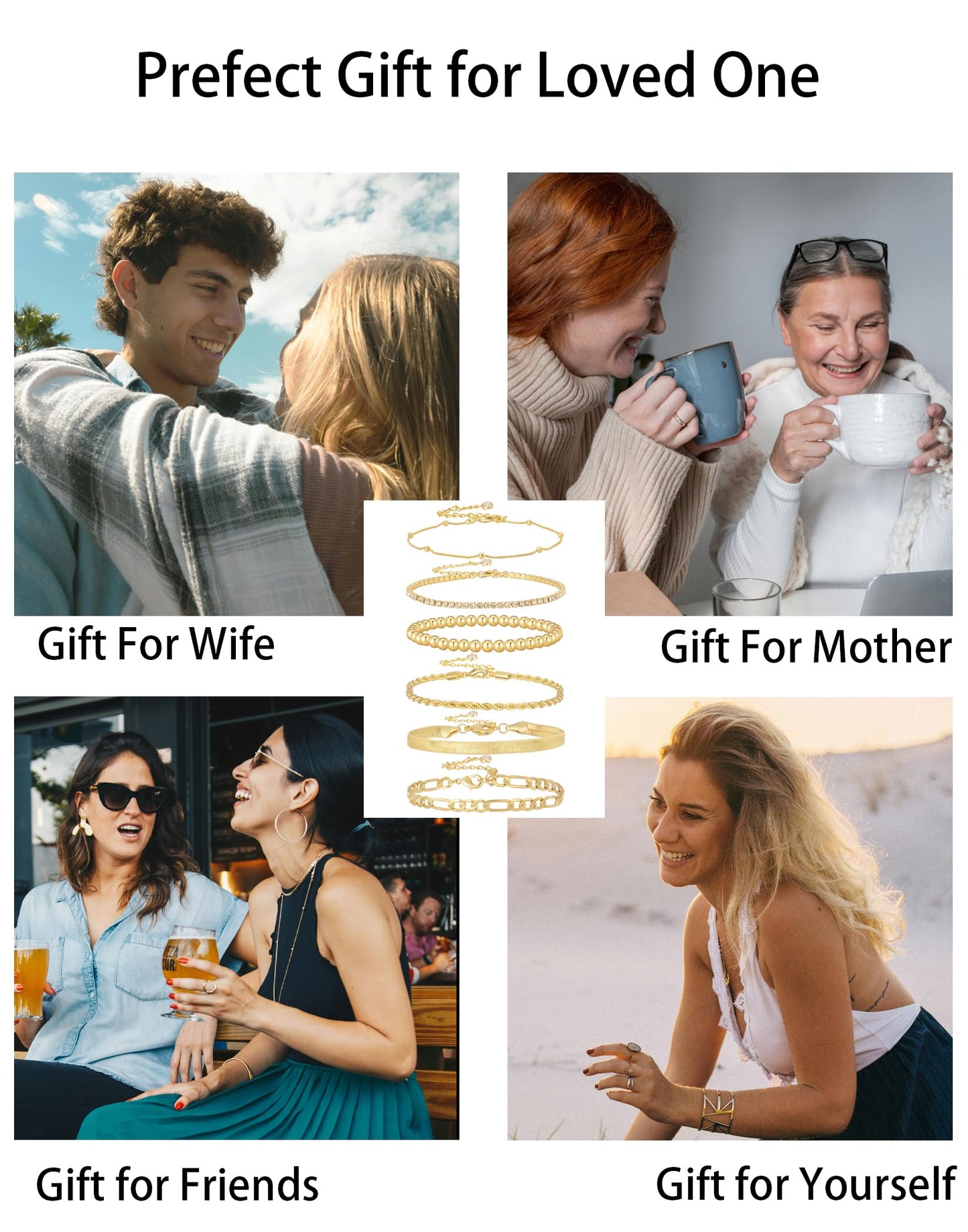 Gold Bracelets for Women 14K Gold Plated Stack Trend Bracelets Charm Paperclip Chain Cuban Link Layered Waterproof Bracelet Dainty Bracelet for Women Jewelry Gifts (6Pcs Beaded Gold)