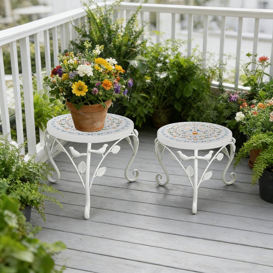 Set of 2 Plant Stand for Indoor Outdoor, Heavy Duty Cast Iron with 10" Ceramic Tile Top Plant Table, Tall Vintage Decorative Plant Rack, Mosaic Flower Pot Holder for Home Garden Porch Yard Patio