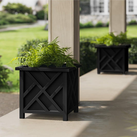 Lattice Design Outdoor Planter Box 2-Pack - 15.5” Square 16.5” Tall Black Decorative Plant Pots for Front Porch Decor - Flower Pots Outdoor Planters for Porch Patio or Garden Decor by Pure Garden