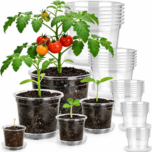TESSTSY 30 Pack 7/6/5/4/3 Inch Clear Nursery Pots with Drainage and Saucer, Plastic Pots for Planter, Clear Potting Pots for Succulents, Flower, Small Herbs, Indoor Outdoor Gardening