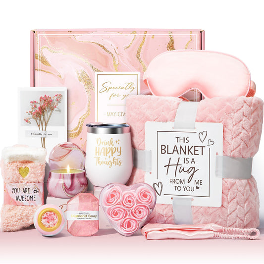 Mothers Day Birthday Gifts for Women Self Care Get Well Soon Gifts, Rose Relaxing Spa Gift Basket Thinking of You Care Package with Flannel Blanket, Unique Gift for Her Mom Wife Grandma Friend Sister