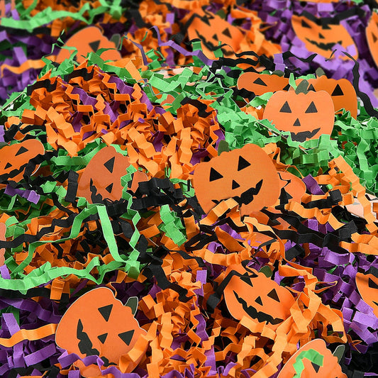 Kosiz 1 lb Halloween Crinkle Cut Paper Shred Black Orange Purple Raffia Paper Shred Filler with Pumpkin Confetti for Gift Wrapping Craft DIY Basket Box Trick or Treat Halloween Party Supply