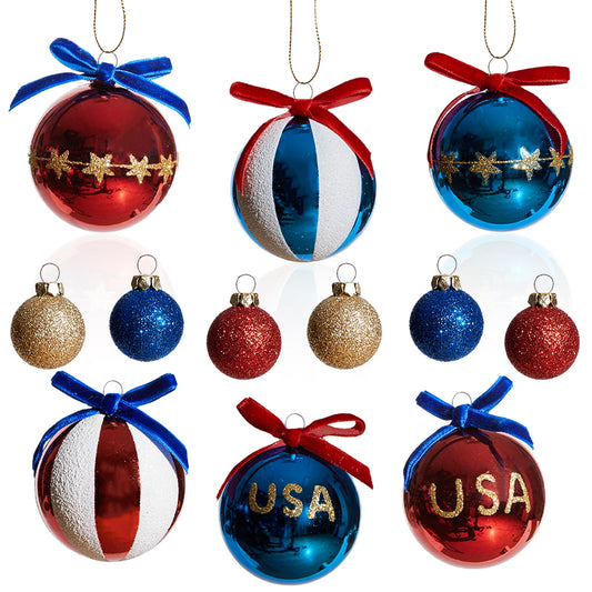 DN DECONATION 4th of July Tree Patriotic Decorations Red White and Blue Hanging Decor Balls with USA Stars & Glitter, Memorial Independence Day Decorations Party, Summer Gift 12 Pcs Shatterproof