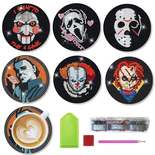 Bysincy 6 PCS Diamond Painting Coasters Kits with Holder Horror Halloween, DIY Funny Jack Skull Diamond Art Coaster Sets for Beginners Adults and Kids Art Craft Supplies Holiday Gift