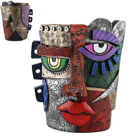 Picasso Brutalist Abstract Beauty Face Flower Pot Acolorful Art Resin Handmade Face Planters Pots Head for Home Art Decor Balcony Ornaments (Serious)