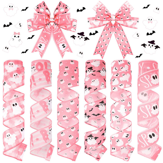 Wavyknot 6 Rolls Halloween Ghost Wired Edge Ribbon 2 Inch x 30 Yards Halloween Ghost Ribbon for Wreaths Pink for Floral Bow Making Wreath Craft DIY Party Decor