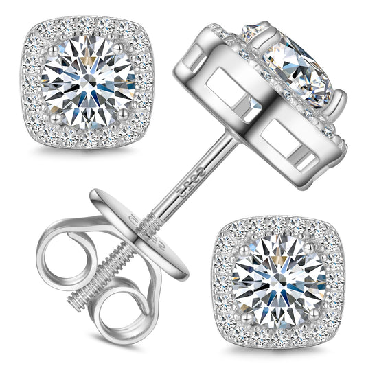 Gugots Moissanite Halo Square Stud Earrings Screw Back 925 Sterling Silver Lab Brilliant D Color VVS1 Clarity Hypoallergenic Earrings for Women Men 18K White Gold Plated 0.8CT 6MM*2