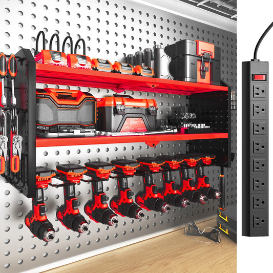 SOYEEZE Large Power Tool Organizer Wall Mount with Charging Station, 3 Layer Heavy Duty Metal Tool Storage Rack with 8 Drill Holder, Tool Holder Built in 8 Outlet Power Strip-Red