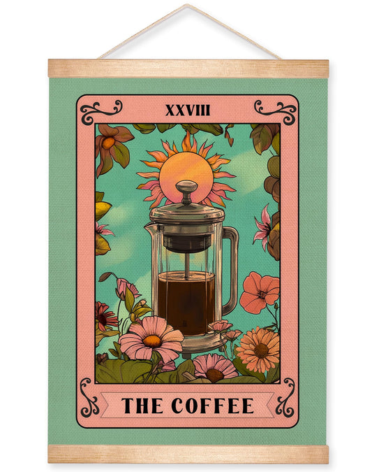 HEYJEEPER The Coffee Wall Art,Vintage Tarot Card Linen Print Posters,Green Floral Boho Kitchen Wall Hanging Decor for Cafe Bar,Dining Room, Barista Station, Gift for Coffee Lovers 14x18inch (Coffee02)
