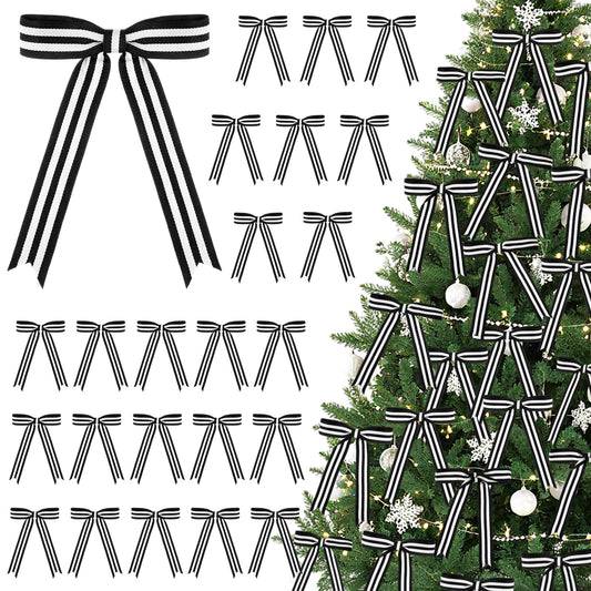 Riceshoot 24 Pcs 5x7 Black White Stripe Twist Tie Bows for Christmas Tree Memorial Gift Wrapping Bag Xmas Decoration Ribbon for Gothic Spooky Holiday Birthday Party Wreath DIY Craft (1 Inch Wide)
