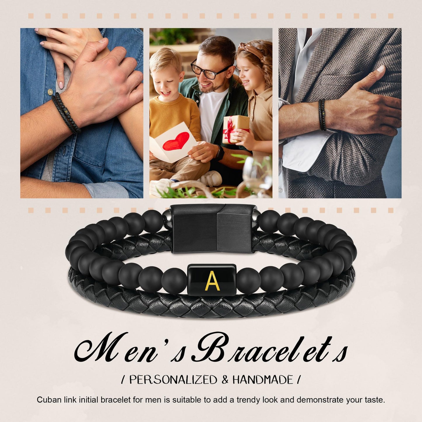 FOCOOG Gifts for Mens Bracelet - Men Gift Leather Bracelets for Men with Initial Matte Agate Bead Magnetic Clasp Leather Men's Initial L Bracelet for Men's Jewelry Mens Gifts for Dad Husband