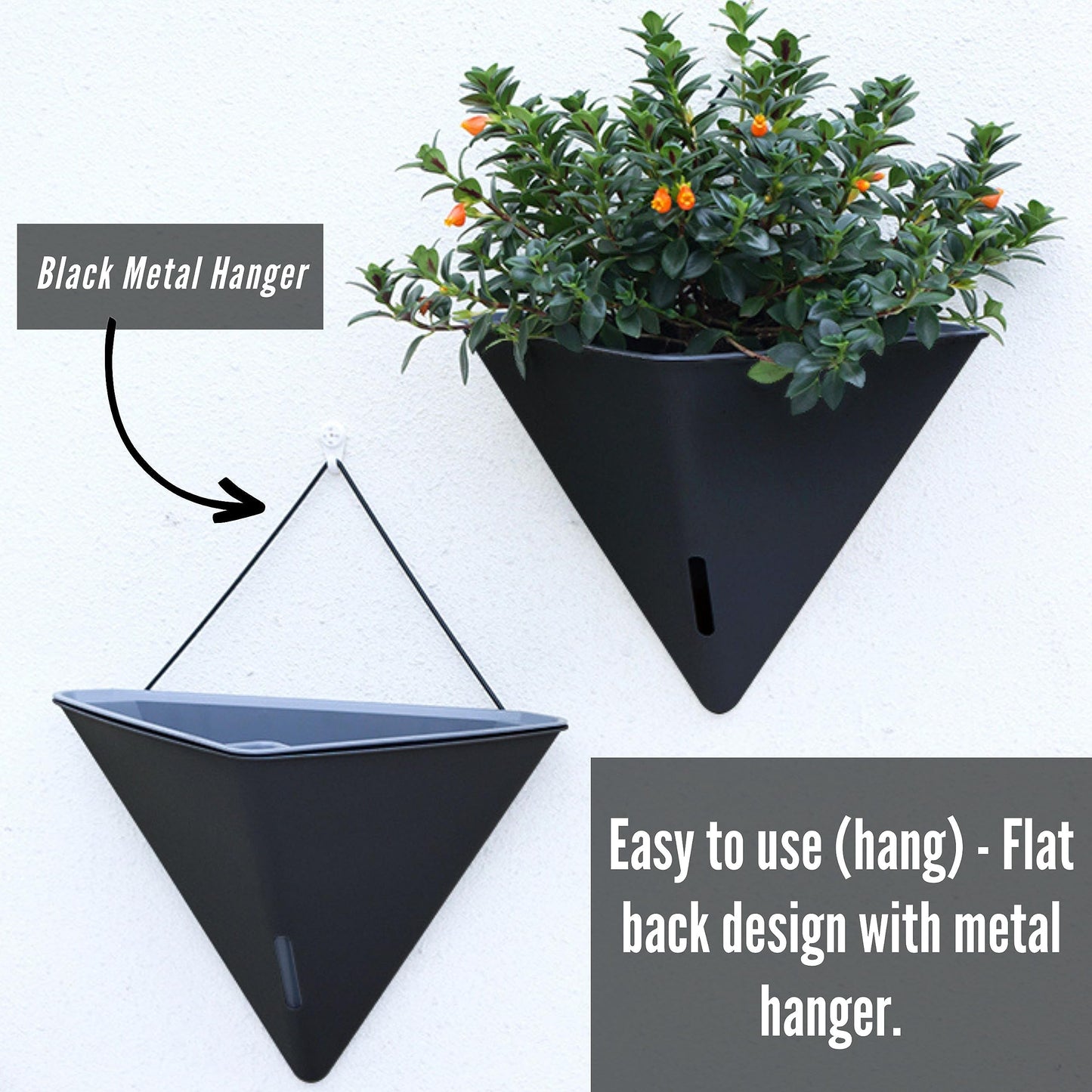 LaLaGreen Bundle - 12" x 2 Pack Black + 12" x 4 Pack Gray Large Self Watering Geometric Hanging Flower Vase Vessel with Metal Hanger, Modern Stylish Wall Mounted Succulent Pot Holder Decor