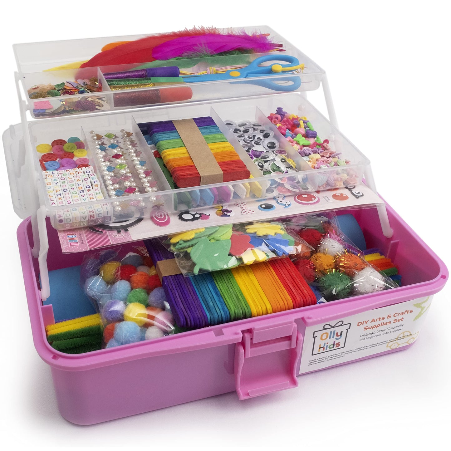 Olly Kids Arts and Crafts Supplies Set- 1000+ Pieces Giftable Craft Box for Kids: DIY Craft Supplies for Toddlers, School Project, and Homeschool