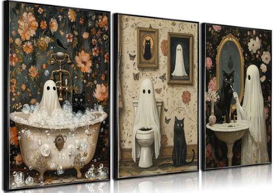 PPV 3Pcs Halloween Ghosts Posters Wall Art Horror Ghost and Black Cat in Bathroom Wall Decor Pictures Retro Horror Creepy Dark Academia Prints for Bathroom Gallery Home Decoration