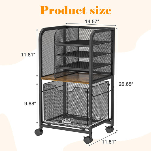 5-Tier Rolling File Cart Under Desk with Drawers, File Cabinet Organizer for Hanging File Folders, Letter-Size File Storage with Wheels, Multi-Layer Mobile Filing Cabinet for Under Desk Storage