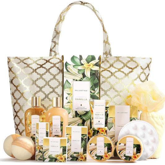 Spa Luxetique Gift Baskets for Women,15 Pcs Vanilla Spa Gifts for Women, Women's Gifts with Bubble Bath, Bath Salt, Bath Bombs, Mothers Day Gifts