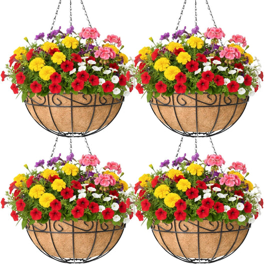 KIDYBELL 4 Pack 10 Inch Hanging Baskets for Plants Outdoor Metal Hanging Planter Basket with Coco Coir Liner Hanging Flower Baskets Hangings Flower Pots Holder for Garden, Patio(Flower)