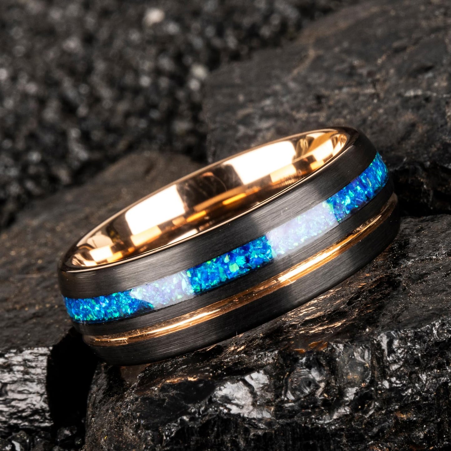 JEWPER 8mm Men Womens Wedding Band Tungsten Rings Black Blue rose gold Fashion Promise Carbide outer ring Inlaid Opal groove design Matte Finish Edge Comfort Fit Size(11)