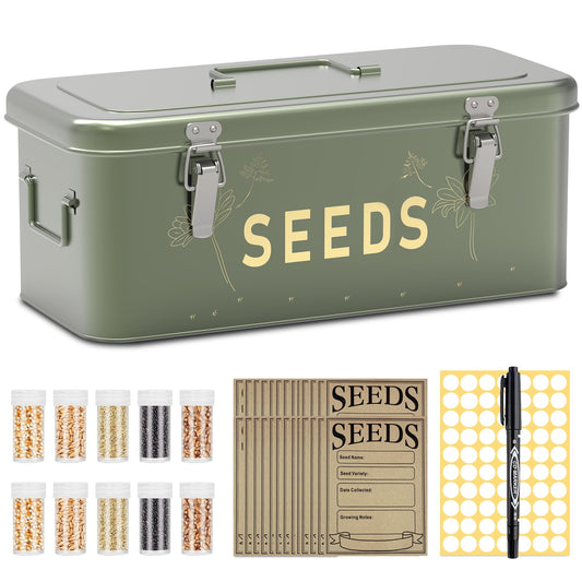 Orionstar Metal Seed Storage Organizer Kit with 30 Bottles & Envelopes, 4 Compartment Locking Box for Gardening Heirloom Flower Vegetable Preservation, Vintage Dark Green Gardener Gift