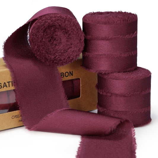 Keypan Burgundy Ribbon for Gift Wrapping, Silk Satin Chiffon Frayed Fabric Ribbons for Crafts Flower Bouquets Wedding Invitation Decor Christmas 1-1/2 Inch x 21 Yd
