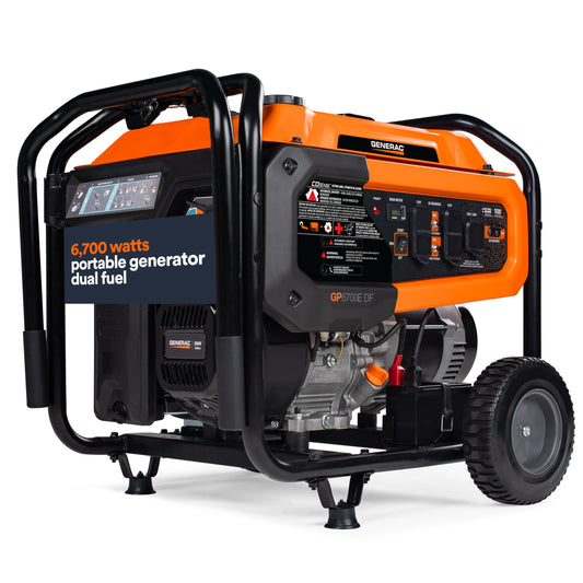 Generac Dual Fuel Portable Gas Generator, 8,250 Starting Watts, Electric Start, COsense Carbon Monoxide Detection, 11 Hour Runtime, Gas or Propane, Heavy Duty Frame, Home Backup Emergency, 49-State