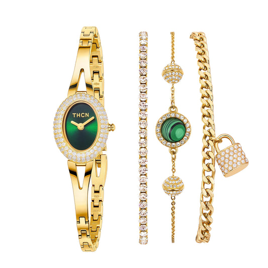 THCN Women's Gold Watch & Bracelets Set, Ladies Dainty Watches Jewelry for Women with Crystal Bezel & Adjustable Bracelets, Luxury Jewelry Gift Set (Gold, Set of 3)