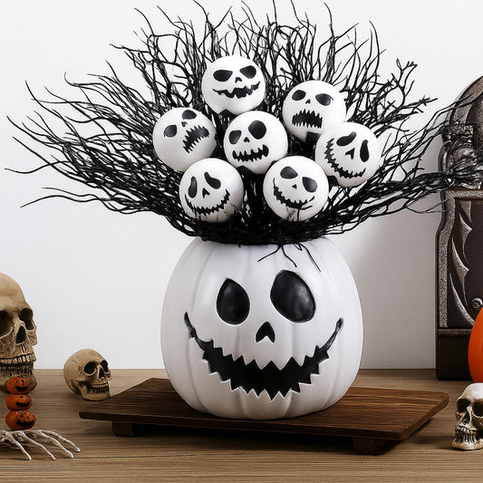 Wiwiqing Halloween Table Centerpieces Decor Resin Pumpkin Vase with Artificial Ghost Skull Face Balls Branch Flower Soil, Retro DIY Spooky Pumpkin Vase for Home Kitchen Indoor Decoration(Scary Face)