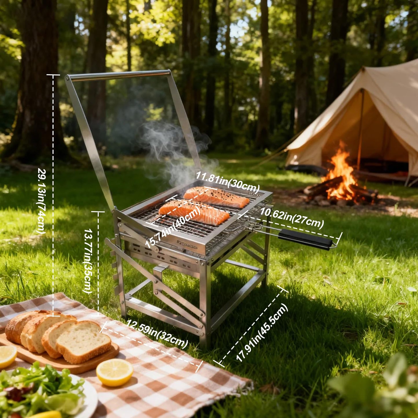 Ergocar Charcoal Grill Outdoor Multi-Function Portable Rotatable Adjustable Height 4-Tier Charcoal Tray Ideal For Outdoor Smoking, Picnics, Camping Barbecues