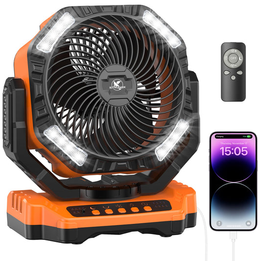 40000mAh Battery Powered Camping Fan - 136H Max Cooling, Rechargeable Battery Operated Oscillating Floor Fan with Charger, Remote & Hook, Portable for Tent Outdoor Patio Garage Hurricane Power Outage