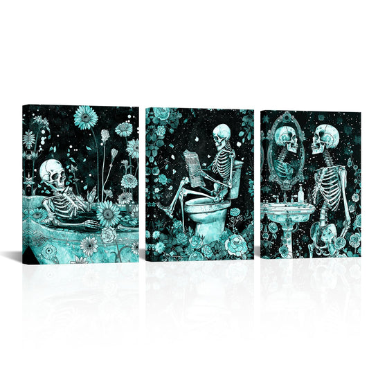 FuShvre Skeleton Bathroom Decor Moody Skeleton Wall Art Pictures for Bathroom Gothic Painting for Home Decoration Framed 12x16 inch each piece (Teal)