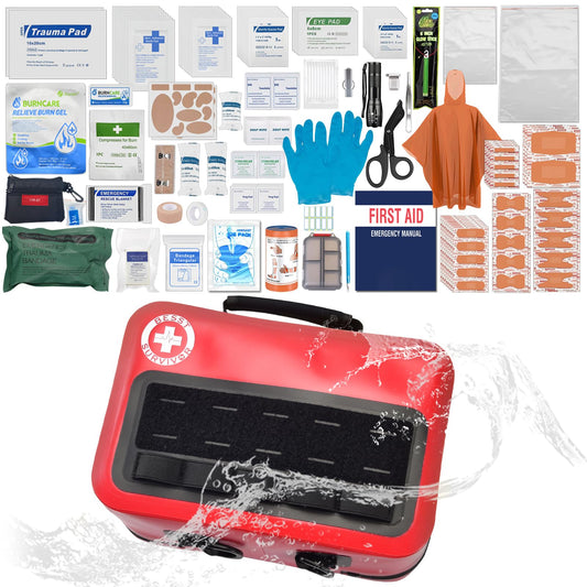 Besst Survivor 348-Piece Waterproof First Aid Kit- Comprehensive Trauma Kit for Marine/Boating/Camping/Hurricanes, Car & Home Emergency Medical Kits with Labeled Compartments, MOLLE System & CPR Kit