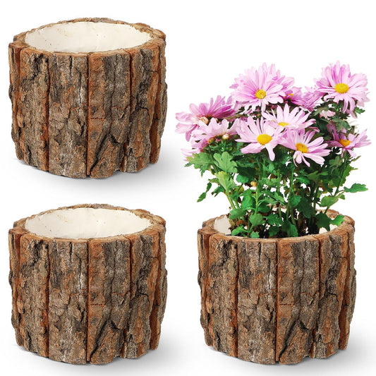 DECHOUS 3Pcs Wood Stump Flower Pots - Rustic Tree Bark Plant Pot Table Centerpieces Vase Flower Stump Bucket Planter for Home Farmhouse Decor Indoor Garden Decoration