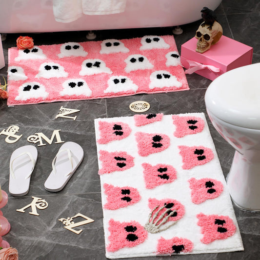 Tinideya 2 Pcs Gothic Bathroom Rugs Decor Pink White Ghost Bathroom Mat Gothic Rug Non Slip Front Door Mat Carpet for Bedroom Home Living Room Kitchen Floor Decor 31.5 x 19.7 Inch