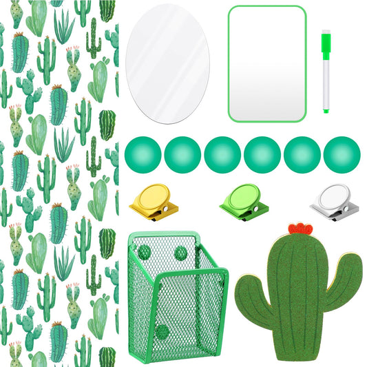 Harloon 15 Pcs Locker Decoration and Organizer Kit Locker Wallpaper Magnetic Pen Holder and Mirror Whiteboard Marker Cork Board with 3 Push Pins 3 Magnetic Clip 6 Magnets(Cactus)