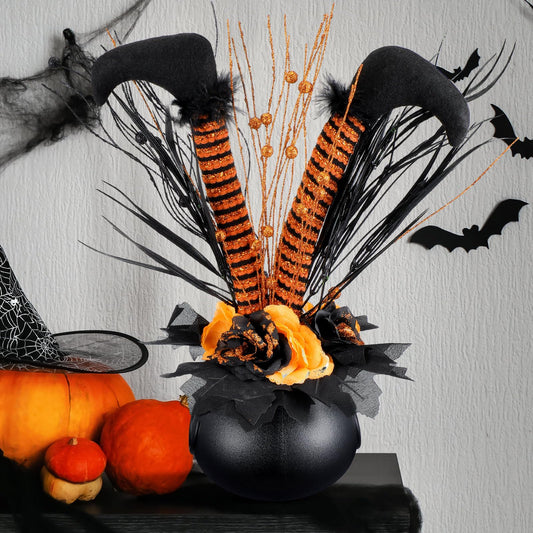 Amyhill Halloween Decoration Table Artificial Flower Glitter Halloween Witch Boot Tabletop Decor Centerpieces Cauldrons Fake Flowers Halloween House Haunted Decor for Home Party Decor 13 x15.7 Inches