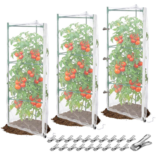 3Pcs Garden Bird Netting Plant Cover for Tomato Cage, 55" x 17.7" Insect Bird Barrier Tomato Cage Net with 20 Clips, Tomato Trellis Plant Netting Cover for Square Tomatoes Cages Plants Protection