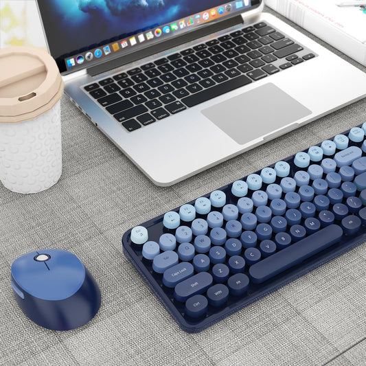 Nowlike Wireless Keyboard and Mouse Combo, Retro Typewriter Keyboard with Round Keycaps, Full-Size Ergonomic, Blue, Ideal for Windows PC, Home, Office, and College, Wireless Keyboard Mouse Combo