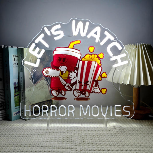 Let's Watch Horror Movies Neon Sign LED Scary Movies Neon Light for Halloween Decor Fun & Spooky Decoration for Home Theater Game Room Bedroom Horror Film Party Night Light