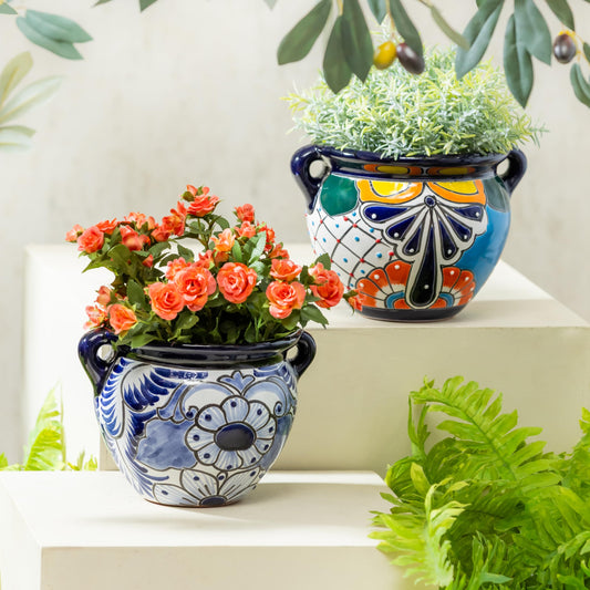 Evergreen 7 inch Talavera planters, Set of 2, Mexican Pottery Ceramic Mini Jug, Flower Pot Plant Succulent, Indoor Outdoor