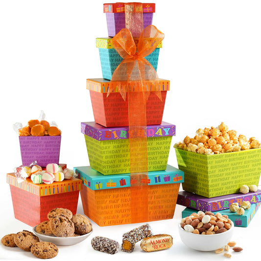 Broadway Basketeers Birthday Gift Basket Tower – Snack Boxes with Gourmet Cookies & Popcorn – Happy Birthday Gifts for Women, Mom, Sister, Friends & Coworkers