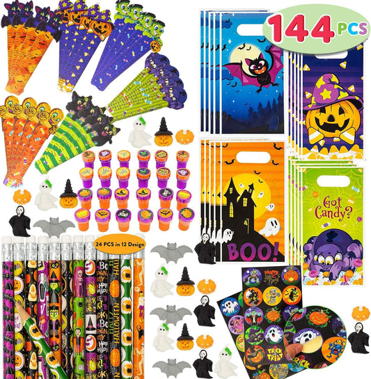 JOYIN 144 Pieces 24 Pack Assorted Halloween Themed Stationery Kids Gift Set Trick Treat Prize Party Favor Toy Including Halloween Pencils, Rulers, Stickers, Stamps and Erasers in Trick or Treat Bags