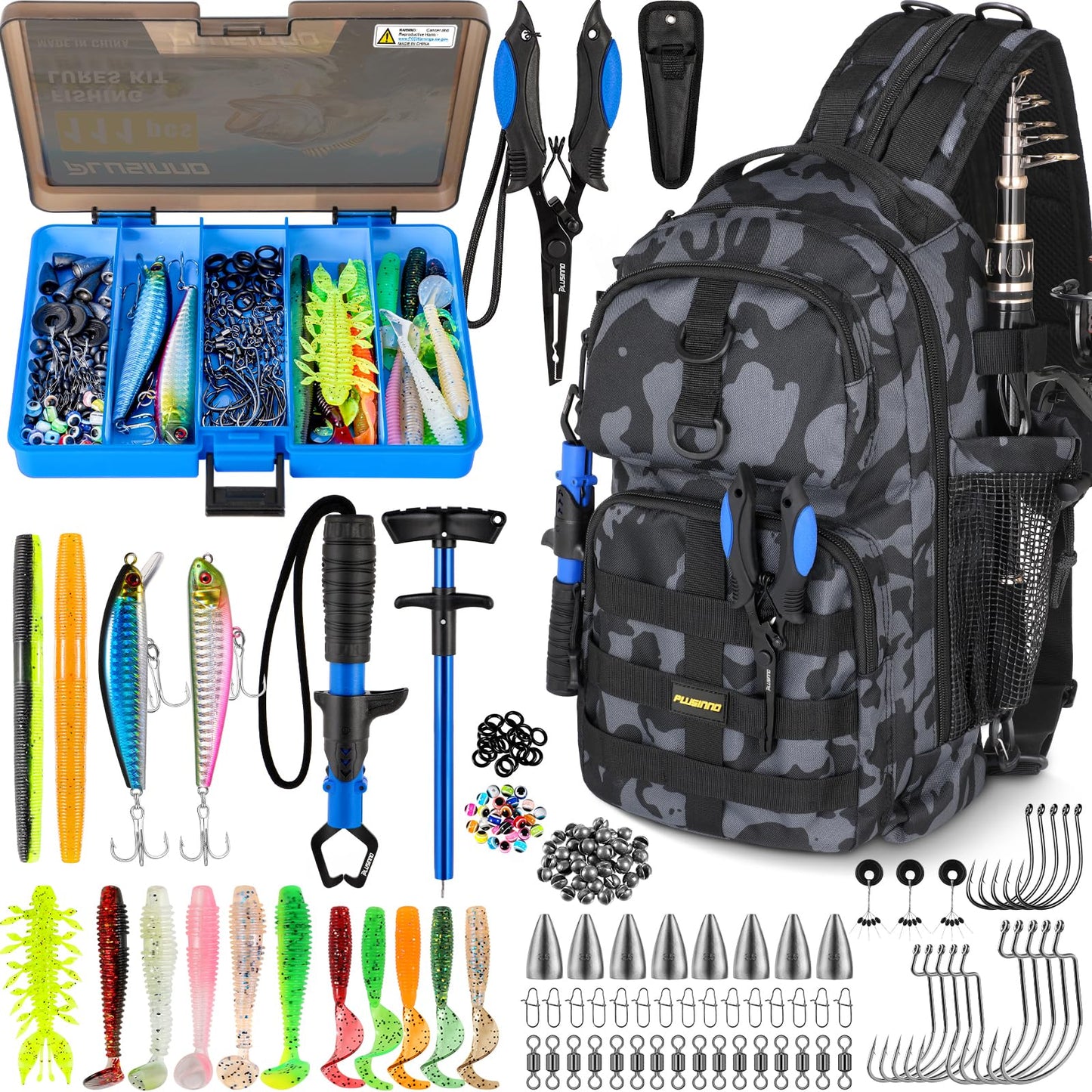 PLUSINNO Fishing Backpack with Tackle Boxes, Waterproof Fishing Sling Tackle Bag For Fishing Gear With Rod Holder, Fishing Gifts for Men With Fishing lures, Fishing pliers.