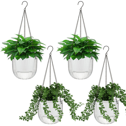 Meanplan 4 Pcs Self Watering Hanging Planter Indoor 6.5 Inch Hanging Baskets for Plants Outdoor Plastic Flower Pot with 3 Hooks Chains Drainage Holes for Garden Home, Medium Size(Clear)