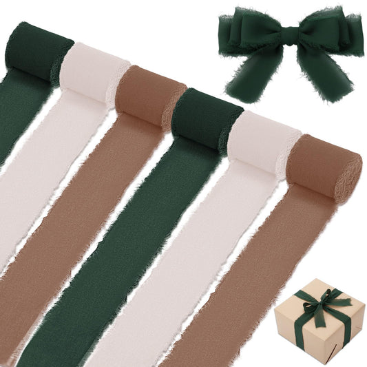 Suncalla 6 Rolls Neutral Chiffon Ribbon 1.57" x 33yd Dark Green Brown Nude Handmade Frayed Fringe Edges Silk Like Ribbon for Wedding Invitations Bridal Bouquets Gifts Wrapping Bow Making Crafts Decor