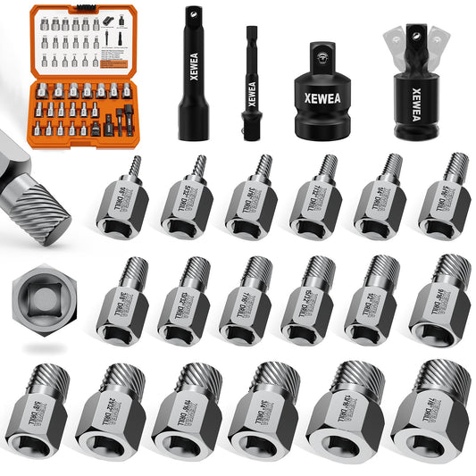 XEWEA 22PCS 3/8" Drive Screw Extractor Set, Multi-Spline Easy Out Bolt Remover Kit for Stripped Broken Bolts, Nuts & Screws, Heavy-Duty CR-MO Extraction Tools with Extension & Adapter Accessories
